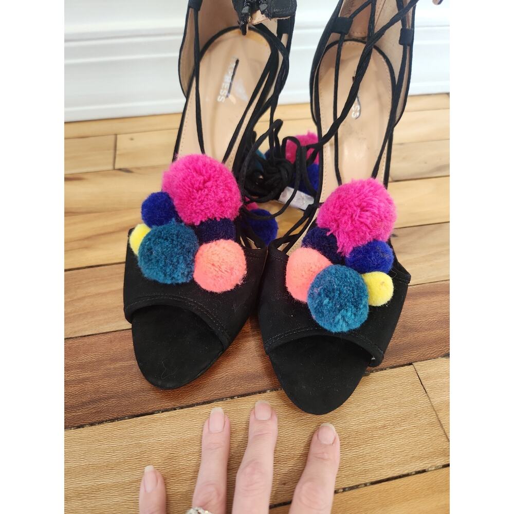 Express Stiletto Heel Strappy Peep Toe Black Colorful Pom Poms Sexy Sandals 10 - Picture 2 of 5